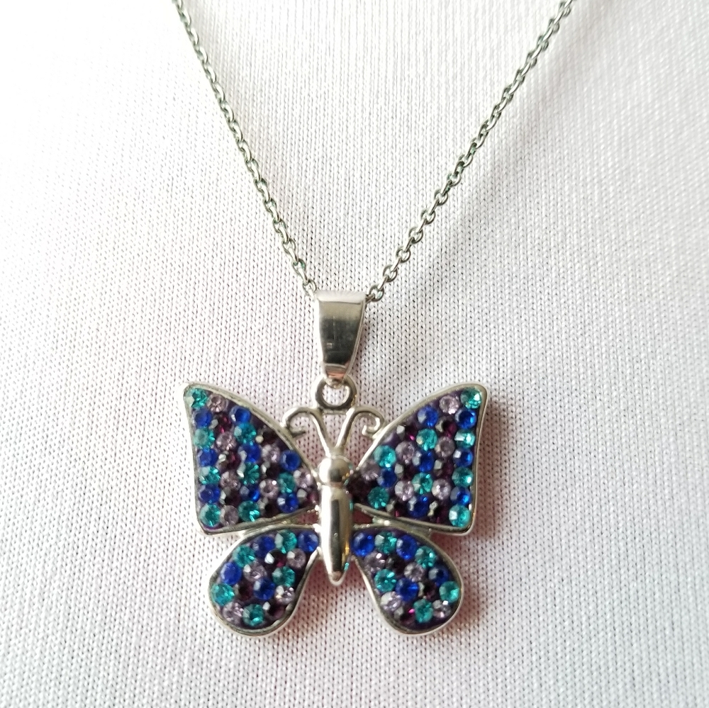 Relisted -Butterfly necklace blue and purple silver tone - Picture 2 of 13